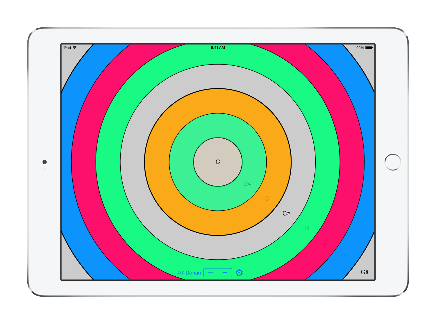 PhaseRings on an iPad showing nine concentric rings in bright colours