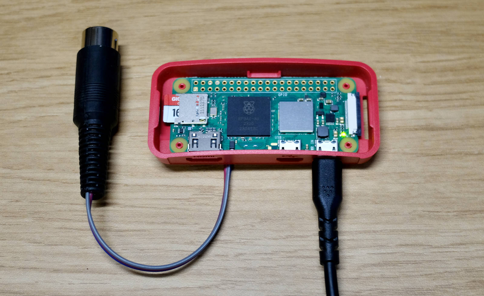 The Raspberry Pi Zero 2 W with a MIDI output soldered directly on the board.