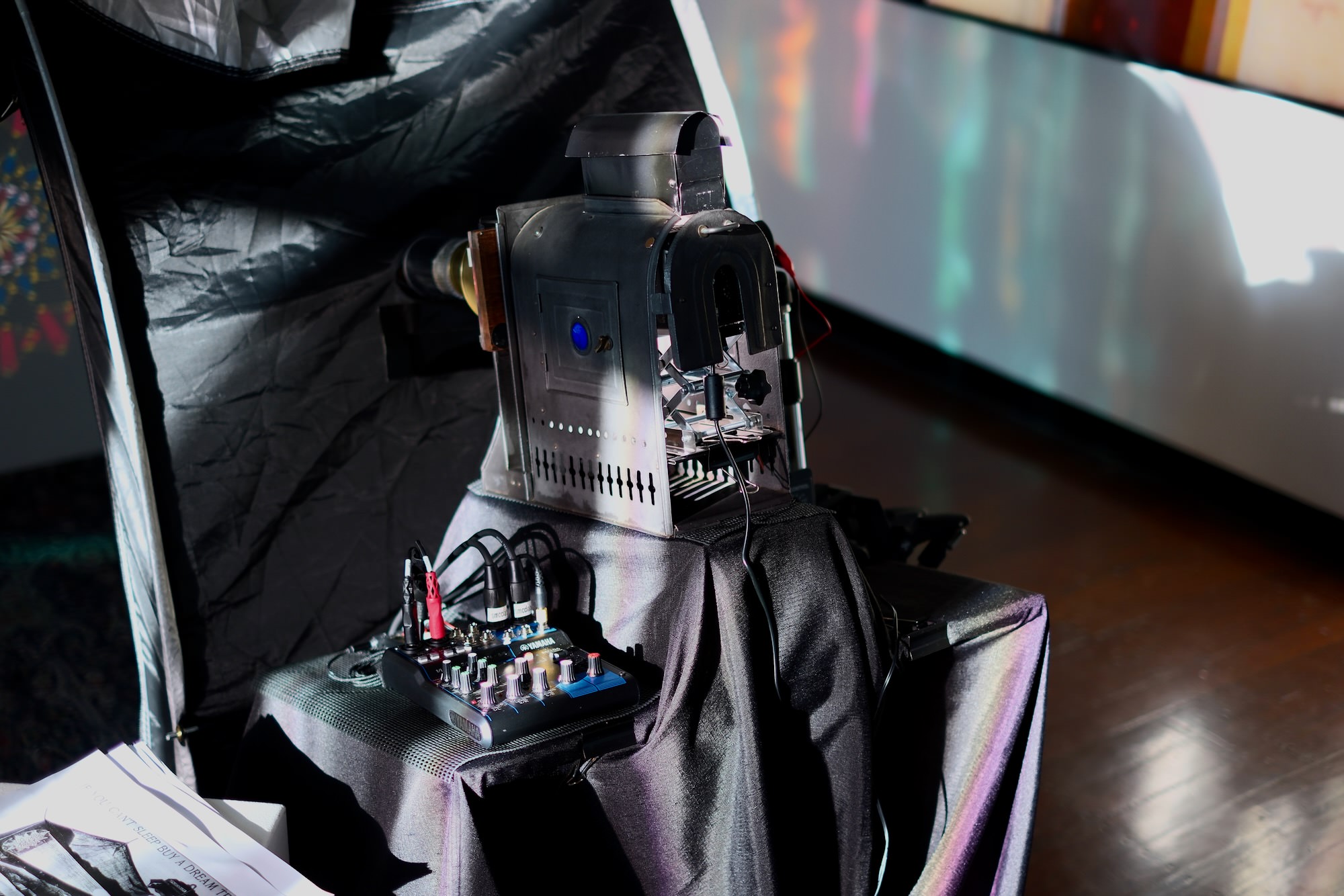 The Bela Mini, mixer, and Magic Lantern. Martyn's magic lanterns are authentic but have been retrofitted with LED light sources rather than original limelight burners or early electric lights