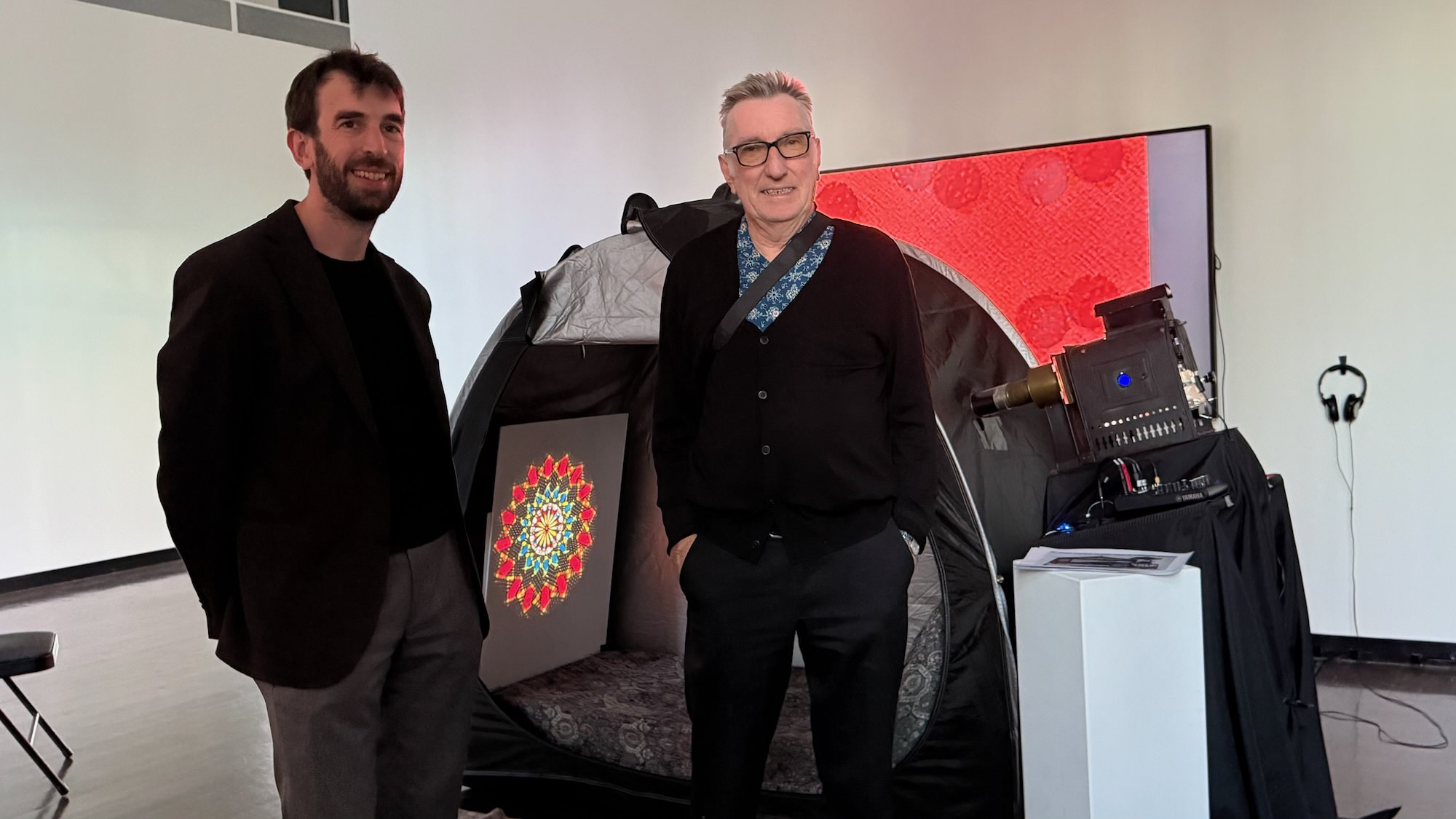 Charles Martin (me!) and Martyn Jolly in front of the Dream Tent at Drill Hall Gallery, Canberra