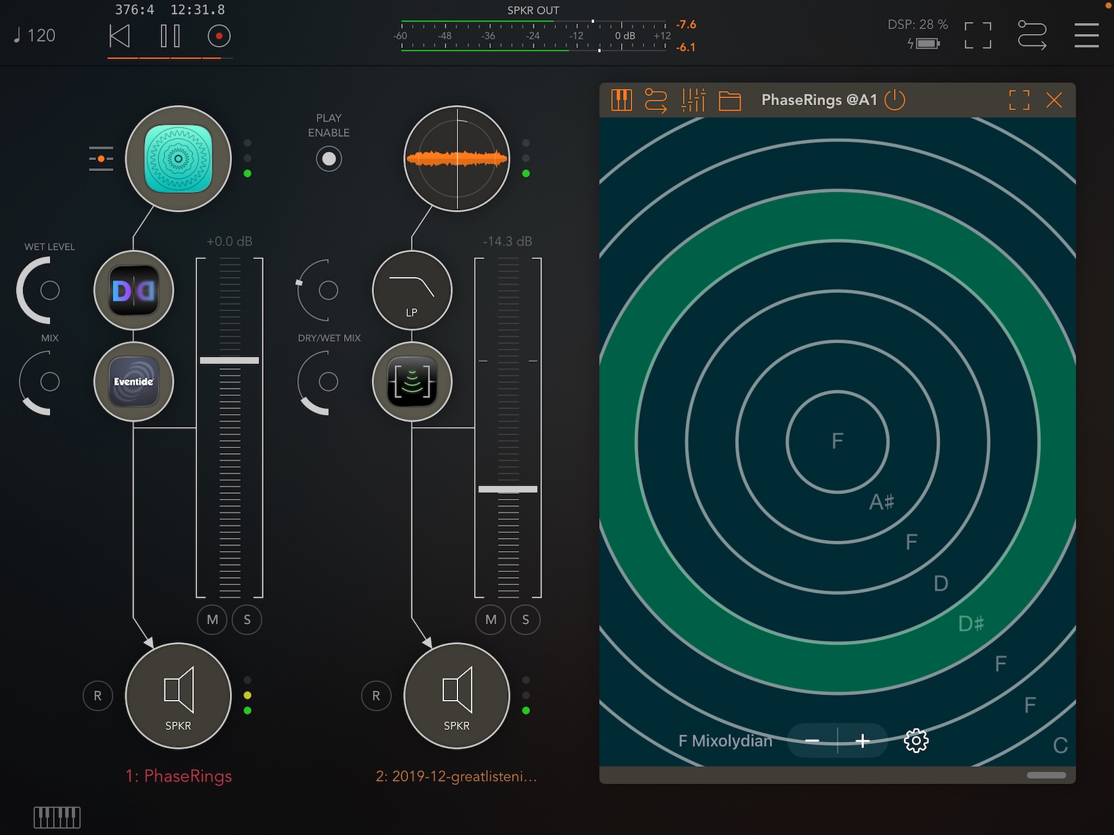 PhaseRings running as an AUv3 plugin inside AUM, with its rings interface alongside a host channel strip and effects chain.