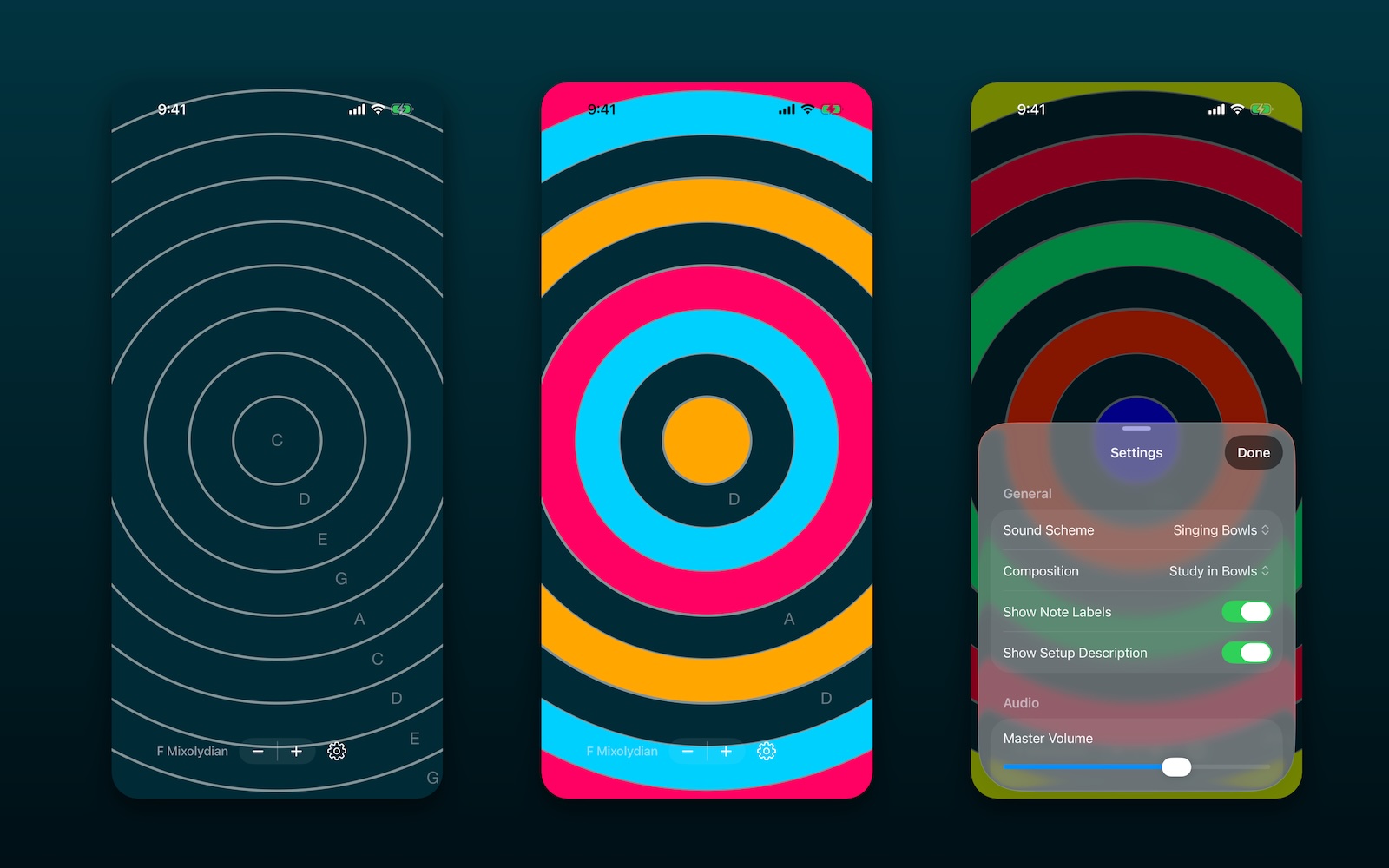 PhaseRings on iPhone showing the concentric-ring interface in three colour schemes, with the settings panel open on the right.