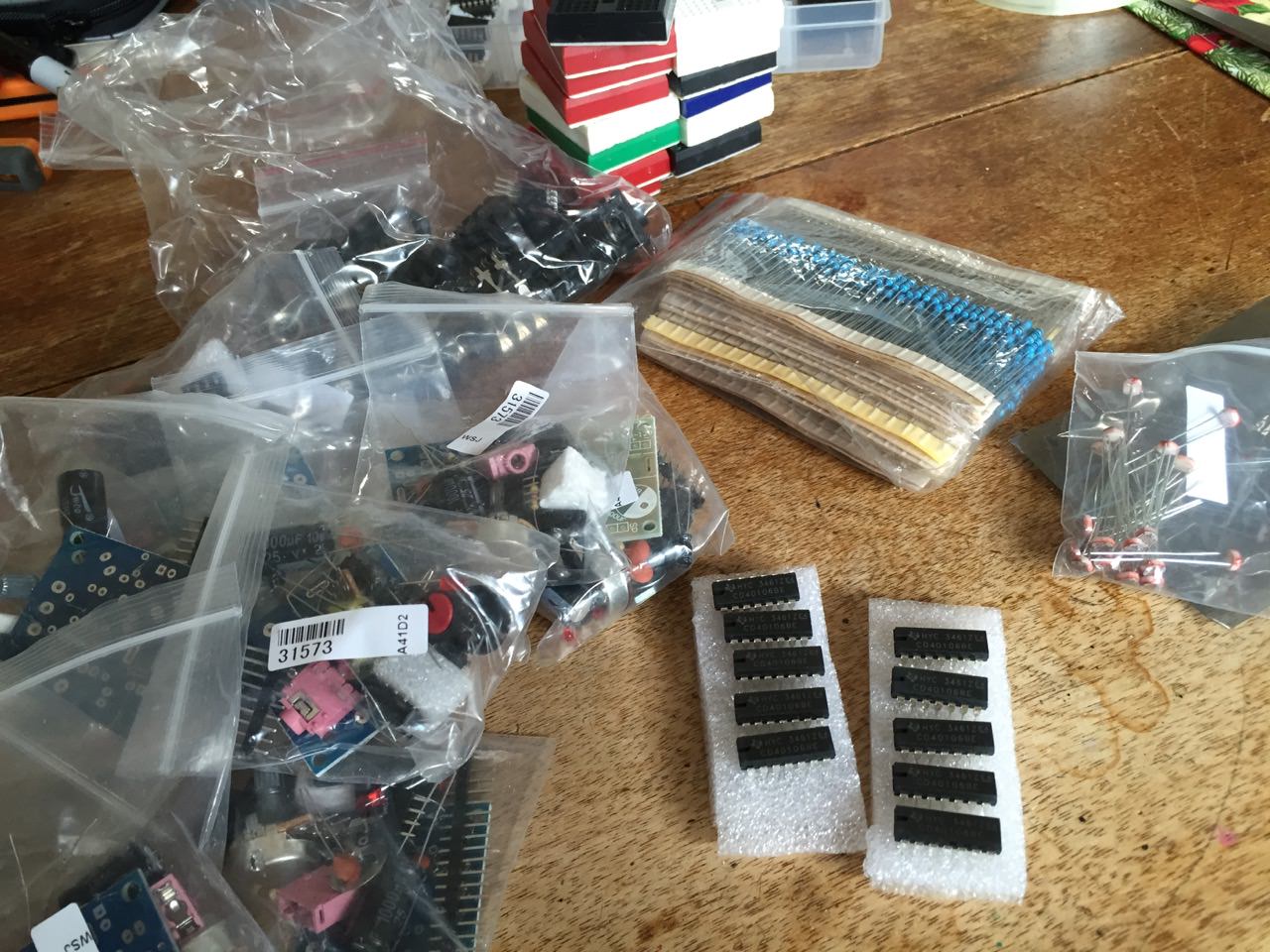 Parts laid out, preparing for a workshop.