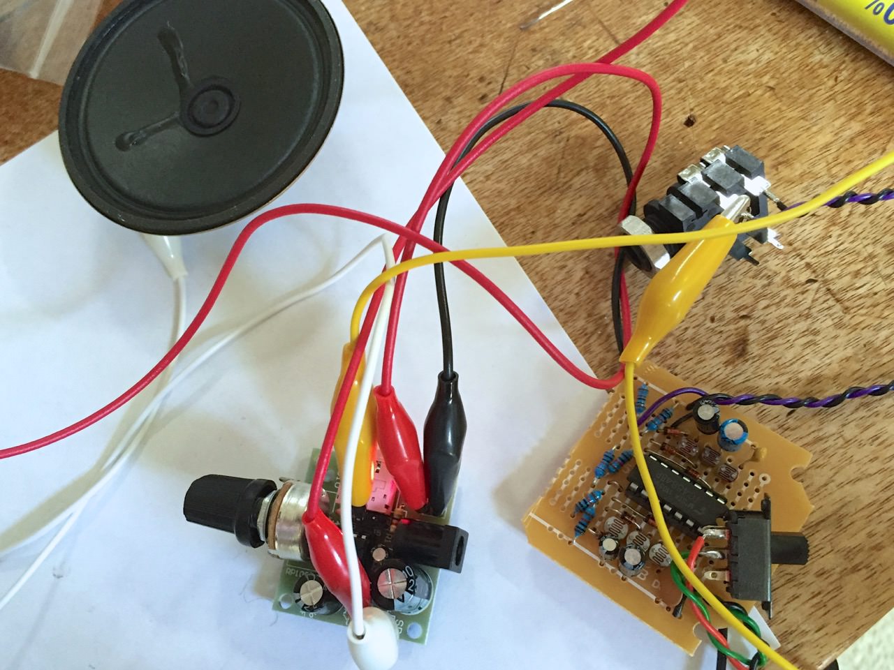 Connecting synths and amps with alligator clips.