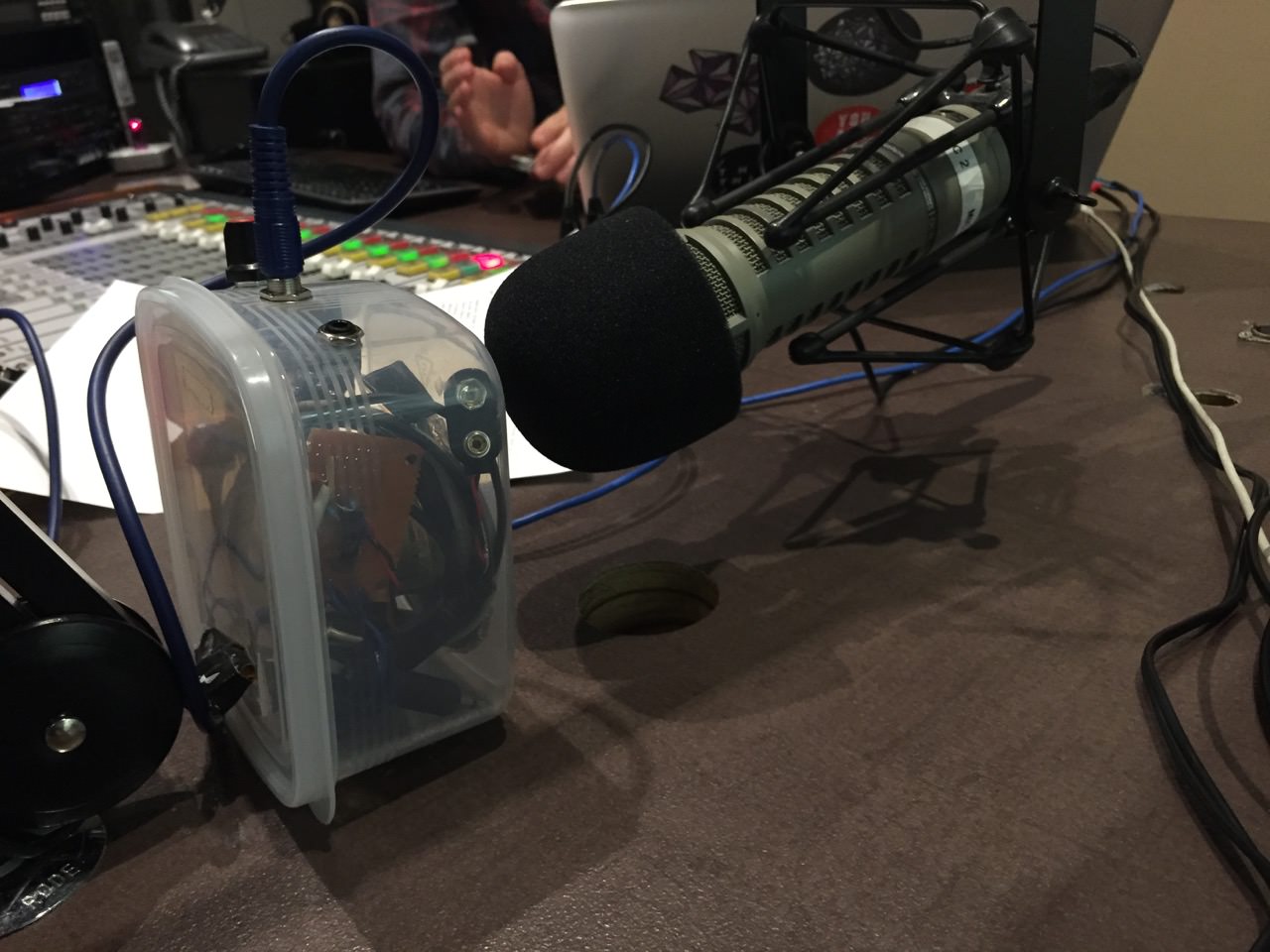 Micing up a synth box for broadcast.