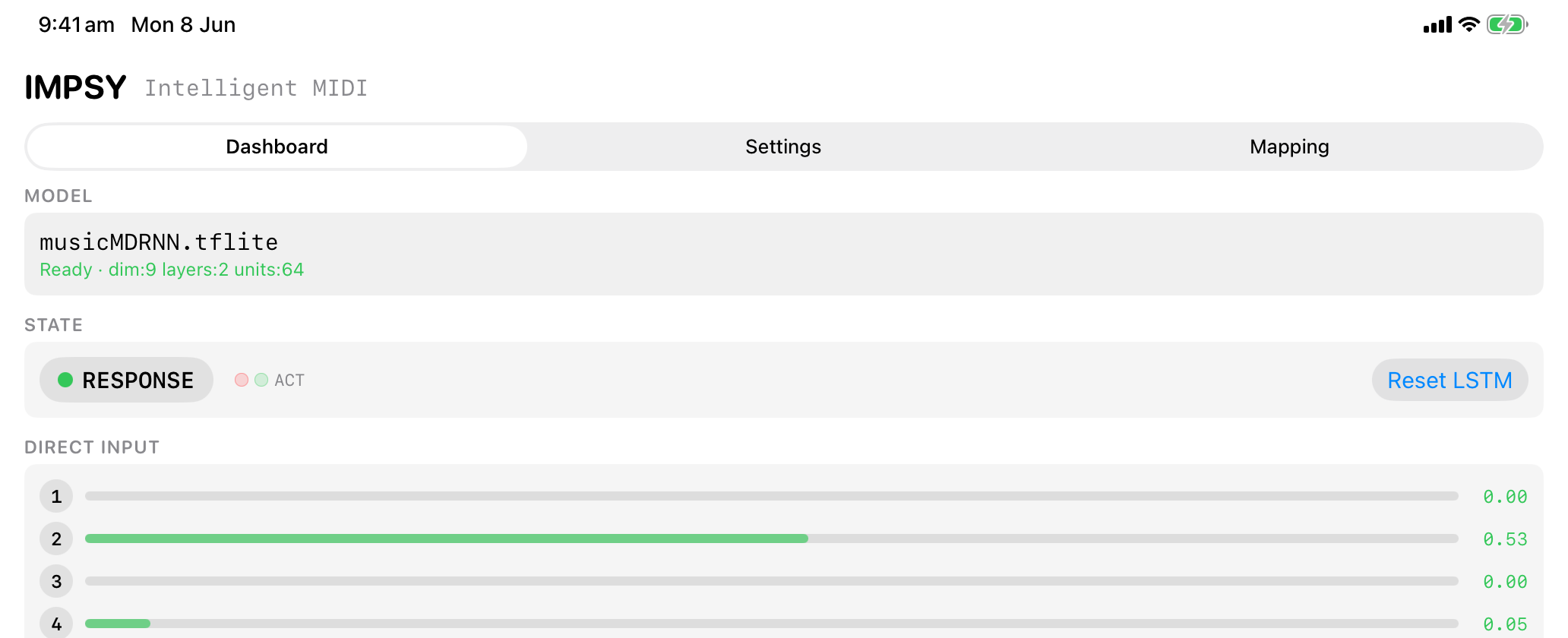 IMPSY running on iPad, showing the live dashboard with the loaded model, response mode, and the per-dimension input sliders.