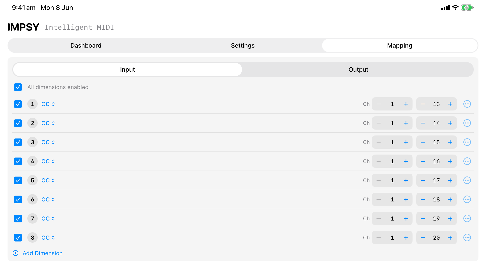Mapping editor on iPad showing the eight dimensions of the loaded model laid out across the wider screen — input tab selected, each row mapped to a MIDI CC.