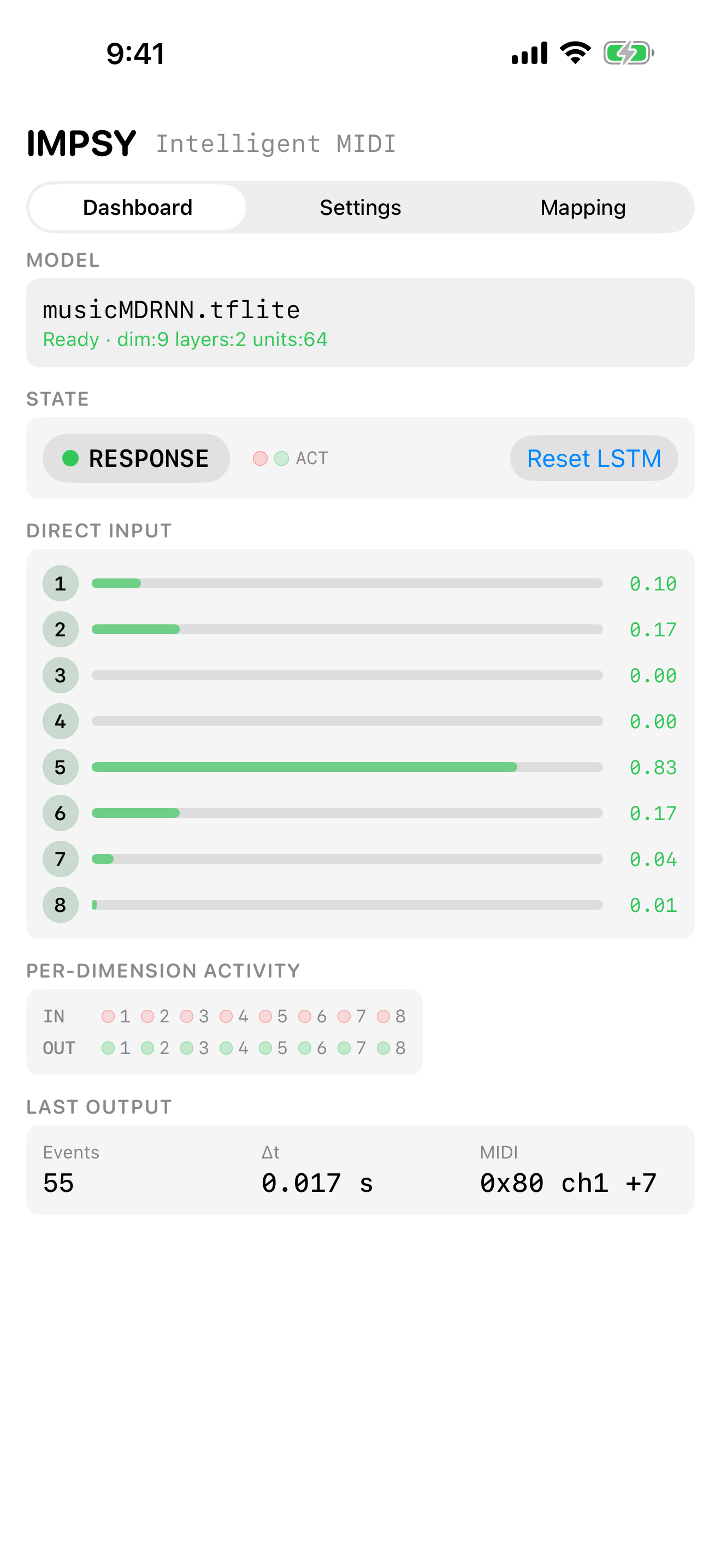Dashboard screen on iPhone: loaded model, RESPONSE/ACT state, eight direct-input sliders, per-dimension IN/OUT activity, and the most recent output event.