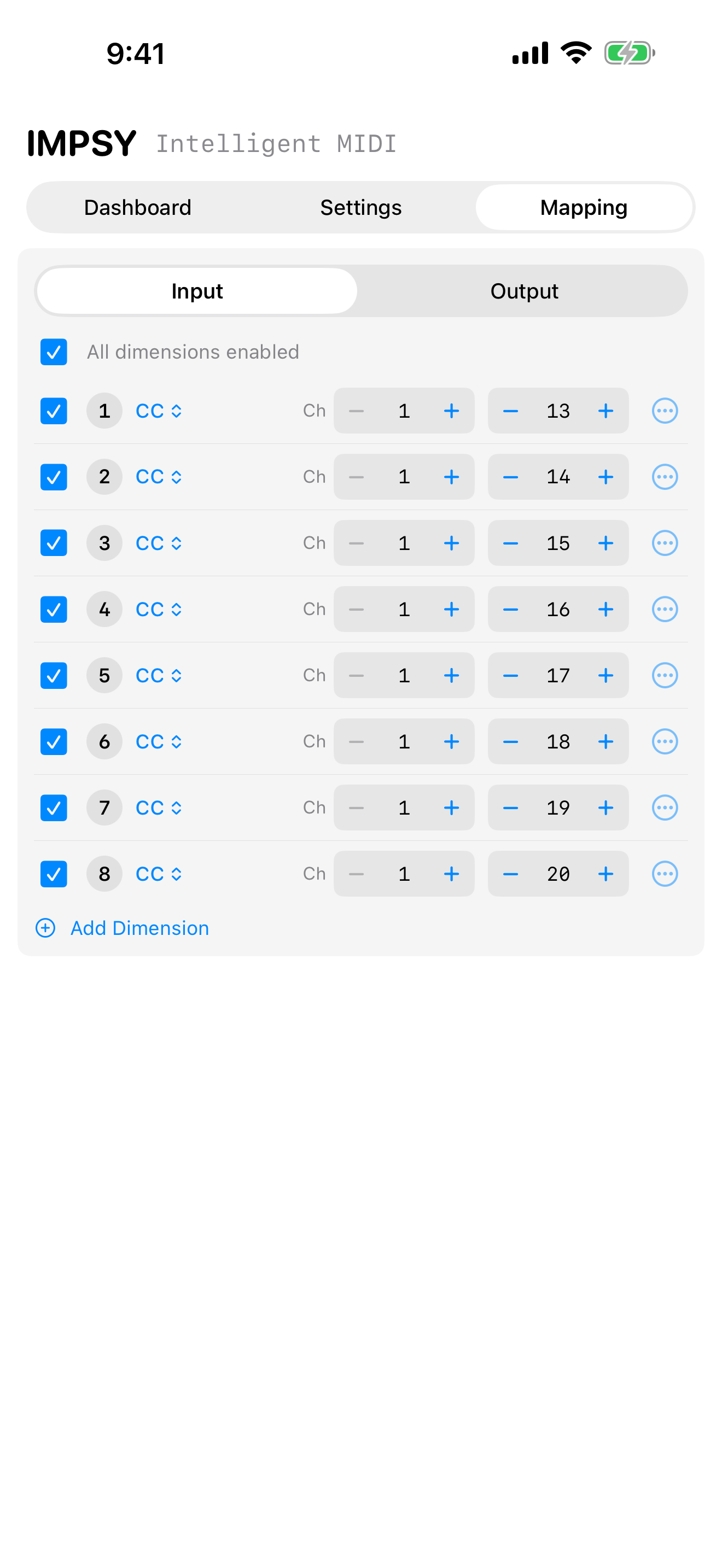 Mapping screen on iPhone: input/output toggle, eight dimension rows each with a MIDI message type (CC, Note, Pitch Bend), channel selector, and CC number selector.