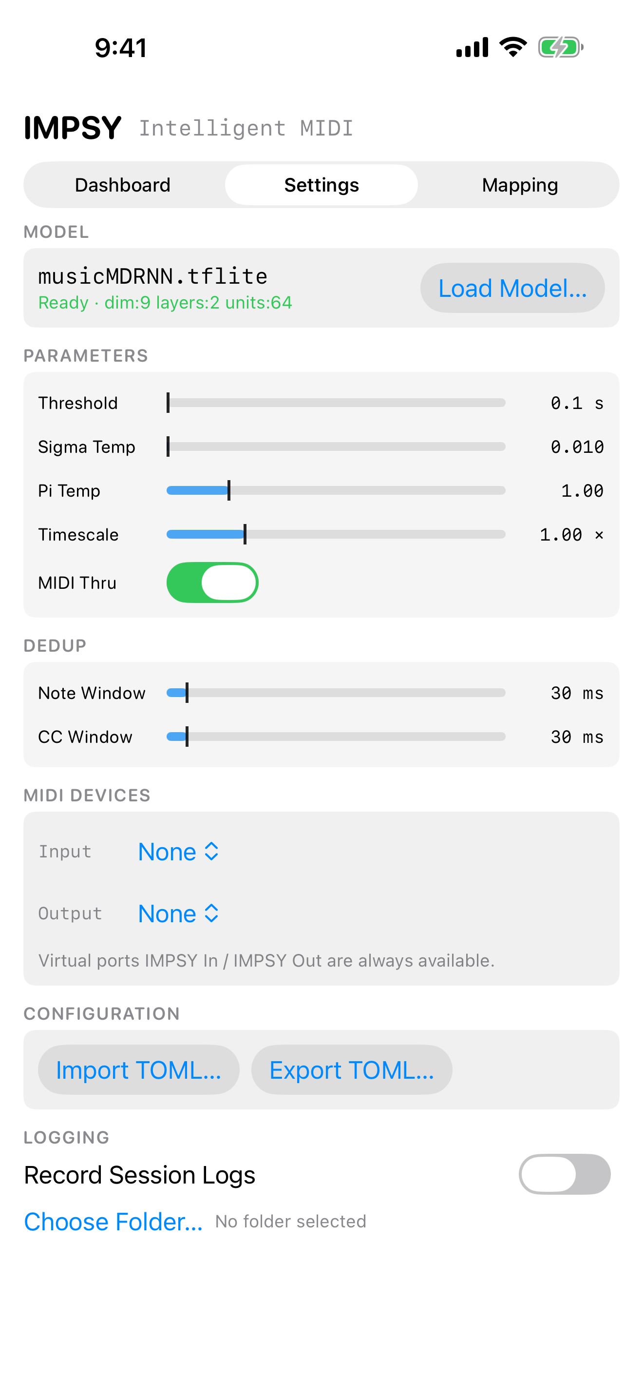 Settings screen on iPhone: loaded model, four parameter sliders (Threshold, Sigma Temp, Pi Temp, Timescale), MIDI Thru toggle, and Import / Export TOML buttons.