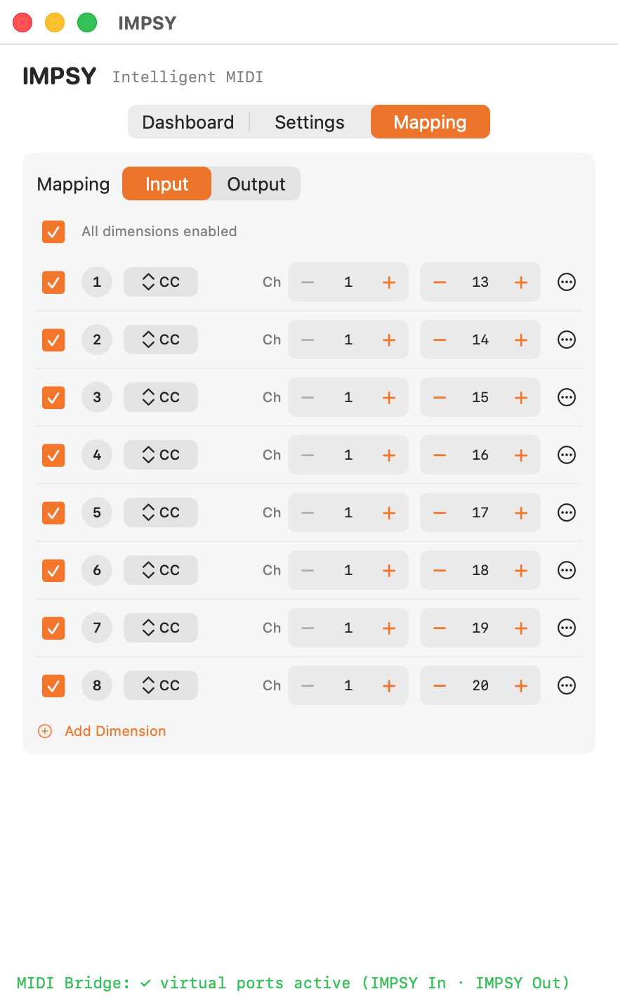 IMPSY's mapping editor on macOS, showing eight dimensions assigned to MIDI CC numbers 13–20 on channel 1.