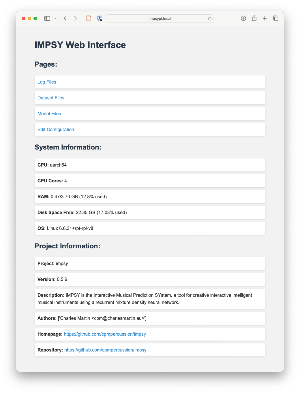 Screenshot of the IMPSY web interface.