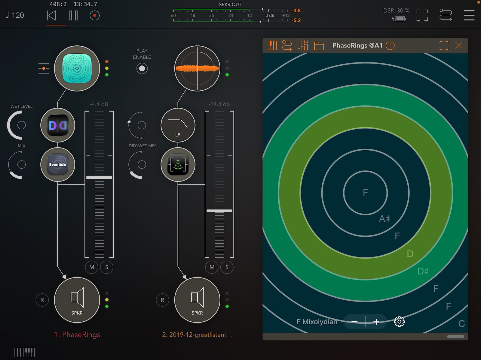 PhaseRings running as an AUv3 plugin inside AUM on iPad, with the ring surface shown in a plugin window
