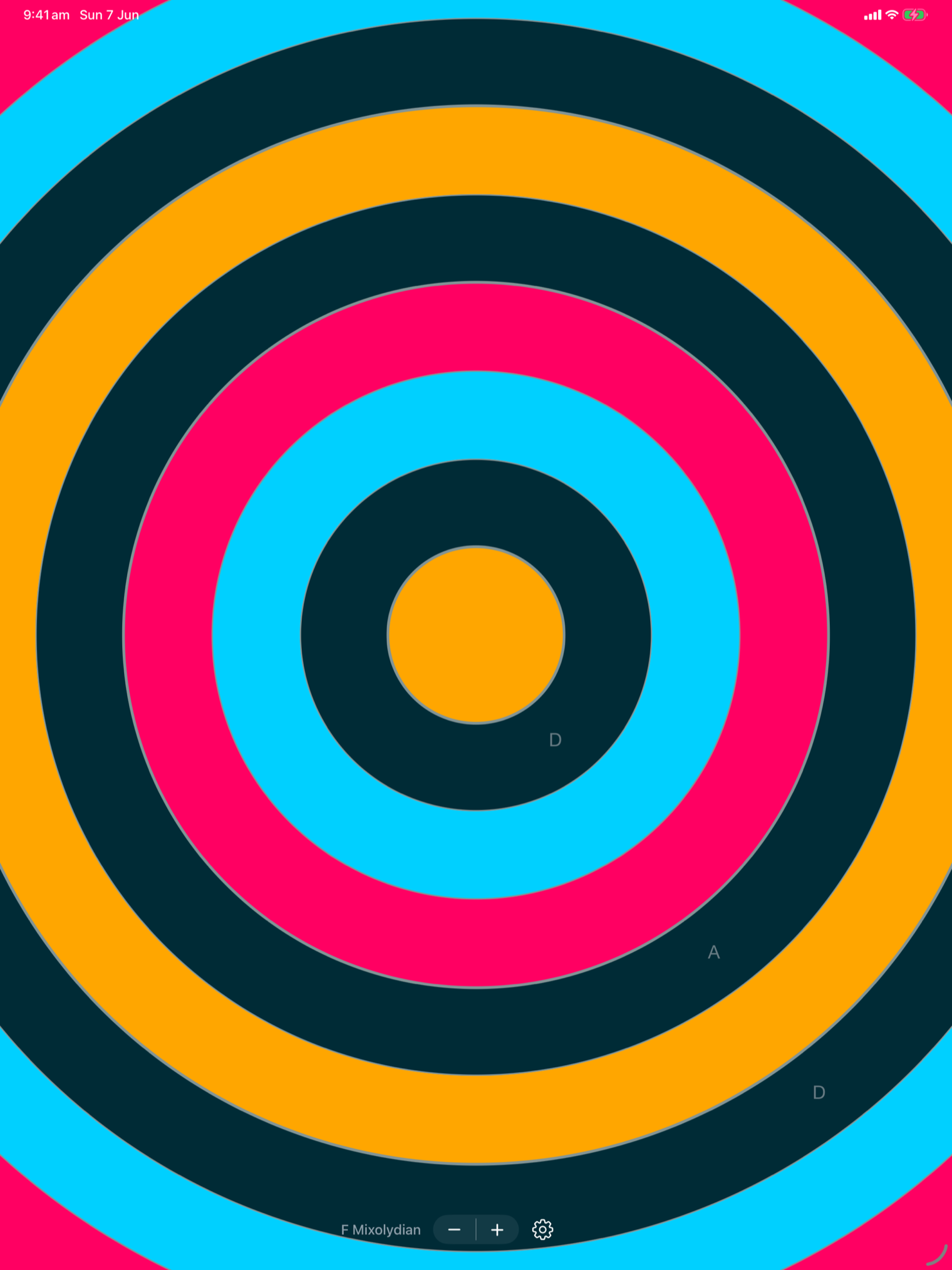 PhaseRings on an iPad in dark mode: nine concentric rings with orange, cyan and pink rings glowing against a dark background