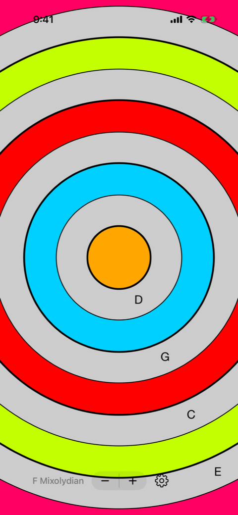 PhaseRings running on iPhone in light mode: nine concentric rings with red, cyan, yellow and orange rings lit, note labels visible